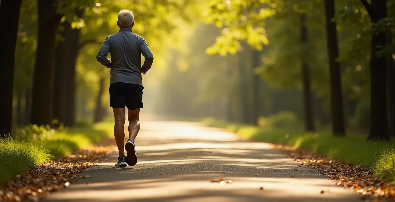 Personne de plus de 50 ans pratiquant la marche rapide dans un parc verdoyant
