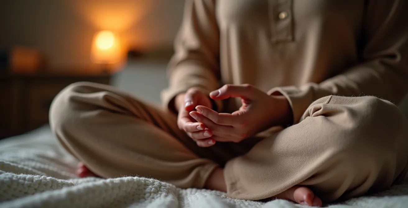Adolescent assis en tailleur sur son lit pratiquant des exercices de respiration dans une chambre apaisante éclairée par une lumière chaude