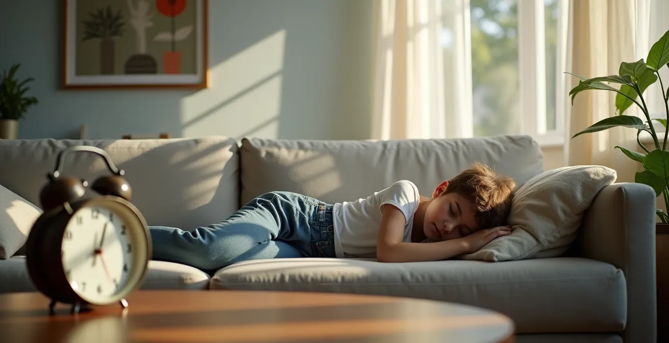 Adolescent faisant une sieste réparatrice sur un canapé en début d'après-midi.