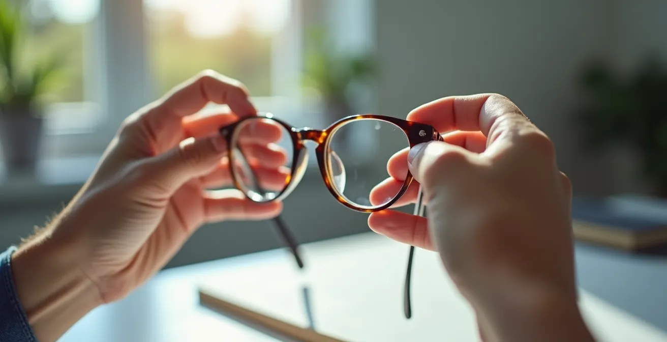 Vue latérale montrant la technique de courbure progressive d'une branche de lunettes