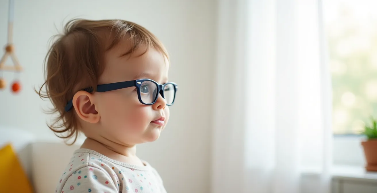 Profil d'un bébé portant des lunettes parfaitement ajustées montrant les trois points d'appui essentiels