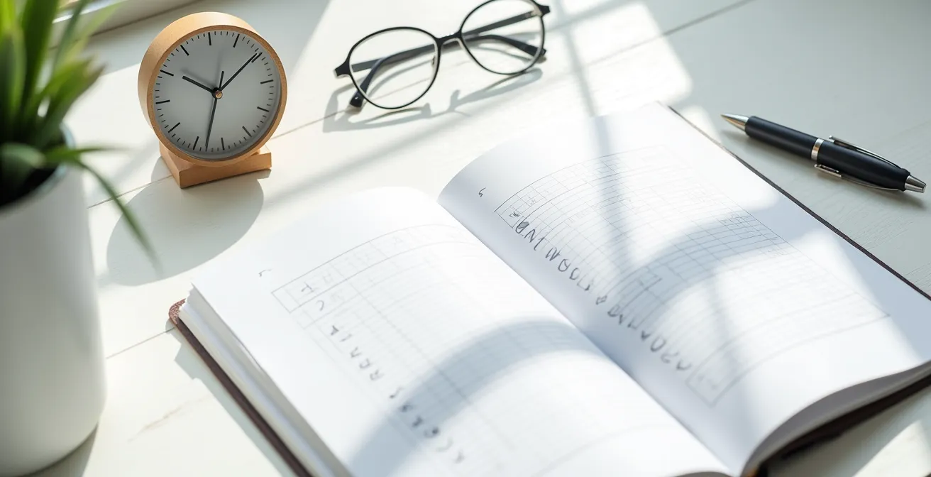 Vue aérienne d'un bureau avec carnet de suivi d'adaptation et horloge indiquant les heures