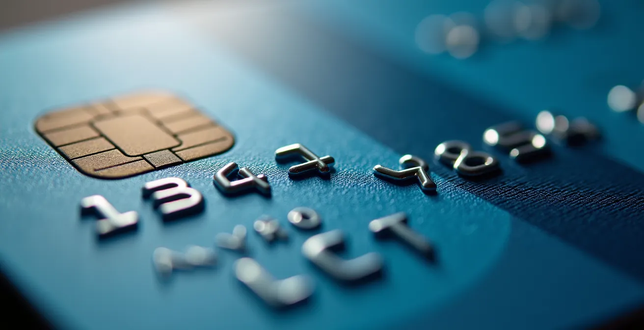 Détail macro d'une carte de tiers-payant montrant la complexité technique du système