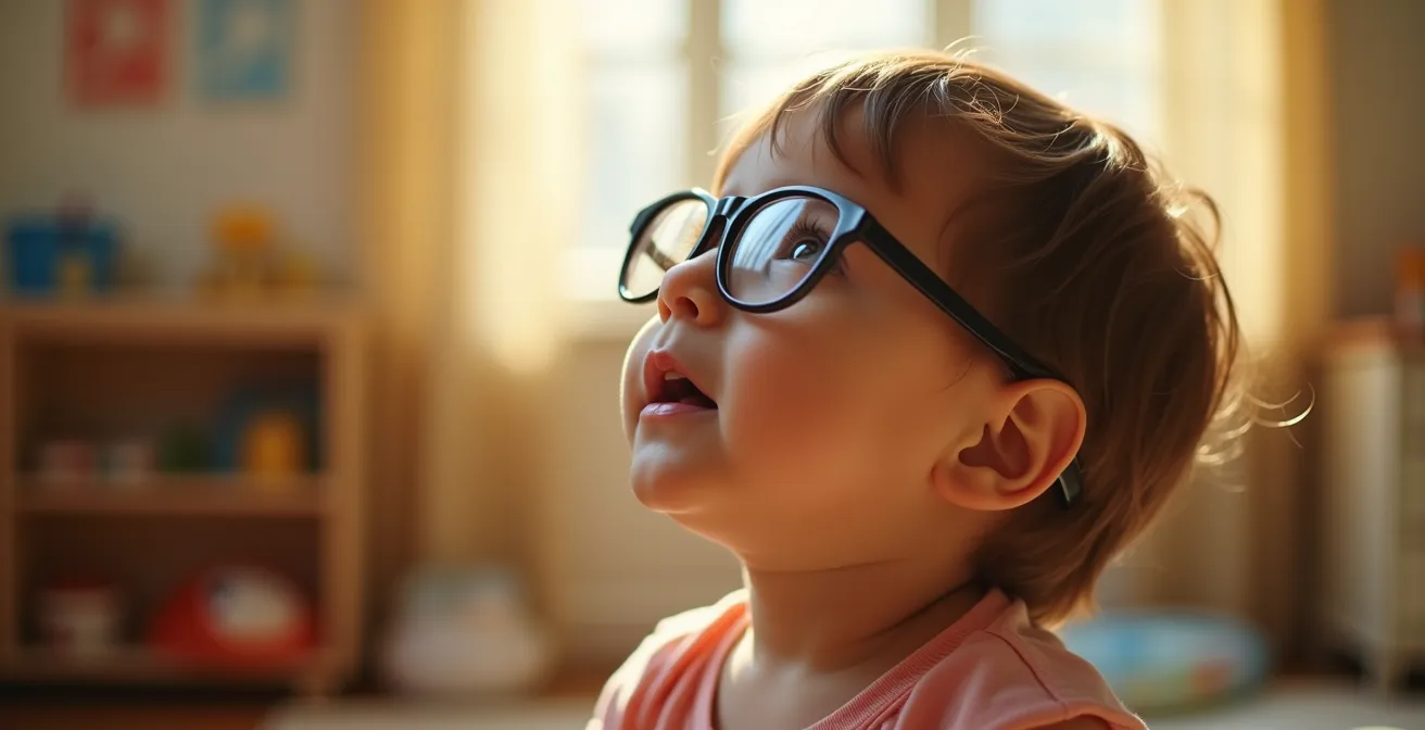 Enfant portant des lunettes hautes regardant vers le haut avec un champ de vision complet et non obstrué.