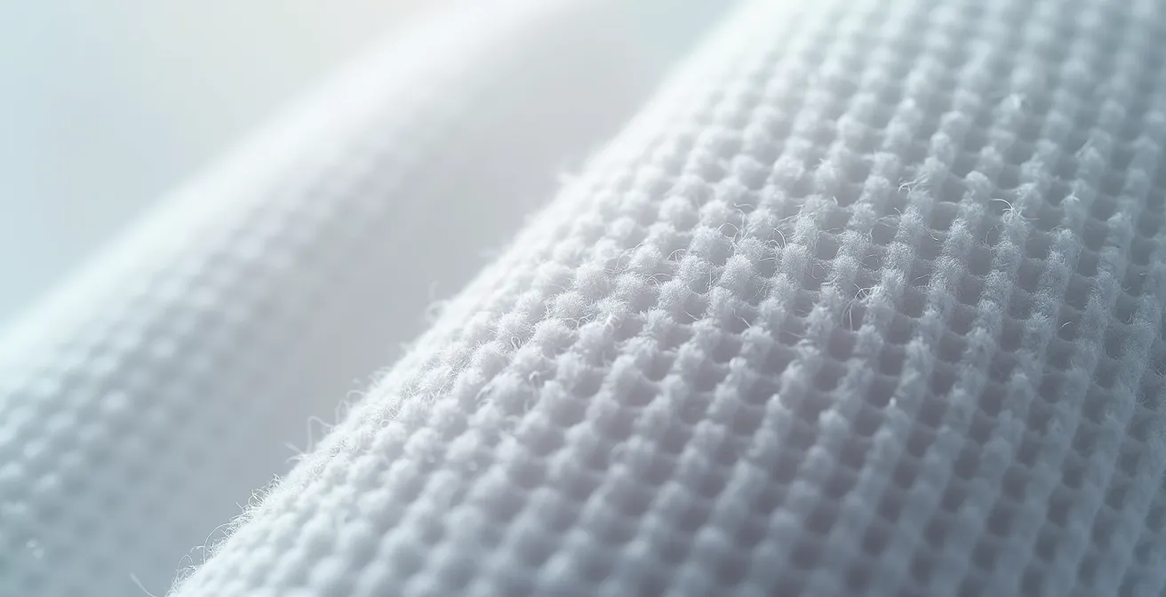 Gros plan macro sur la texture d'une chiffonnette microfibre propre avec fibres visibles et structure tissée