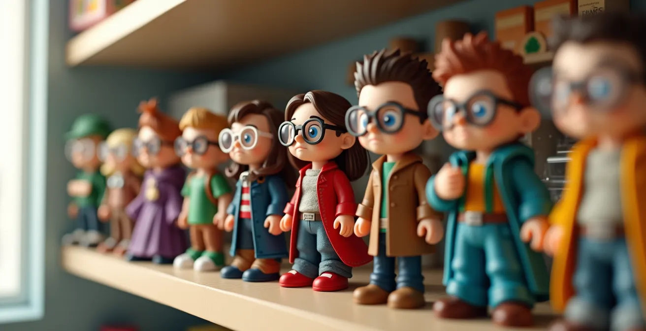 Collection de figurines de super-héros portant des lunettes disposées sur une étagère colorée dans une chambre d'enfant