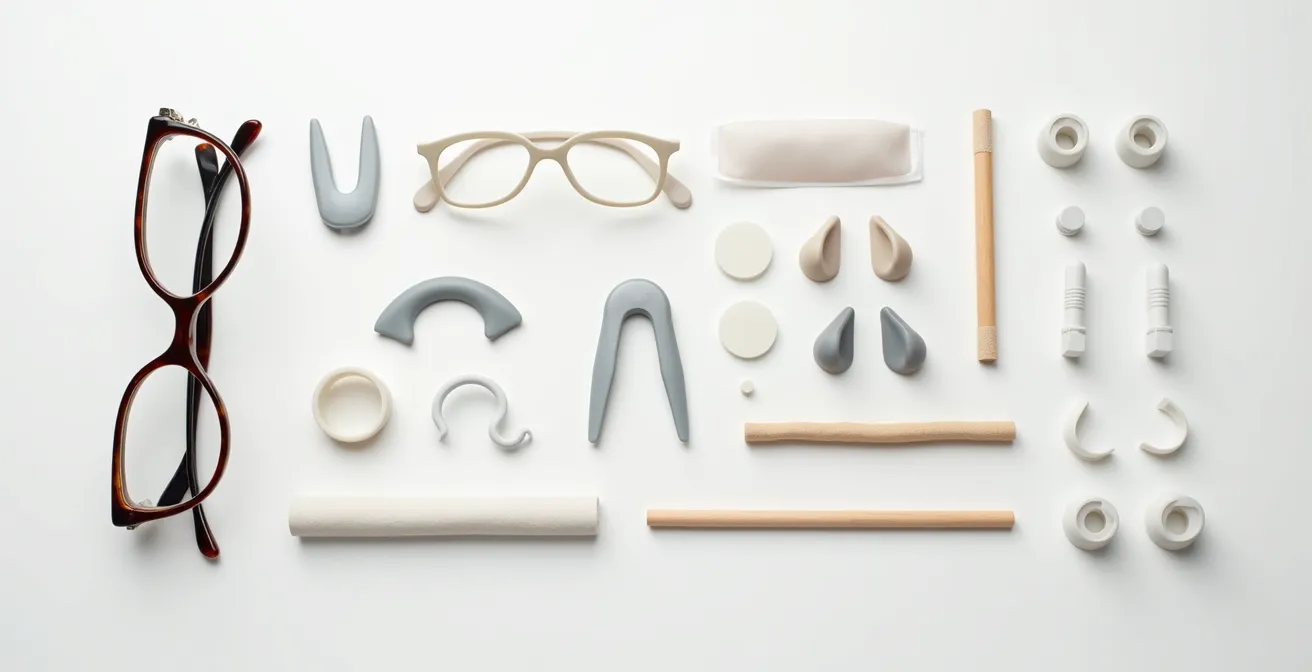 Disposition minimaliste d'accessoires antidérapants pour lunettes sur surface claire