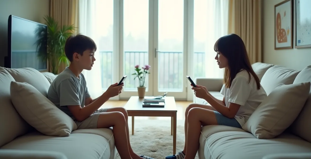 Vue latérale montrant la différence de distance entre un adolescent tenant un smartphone proche du visage et regardant une télévision éloignée