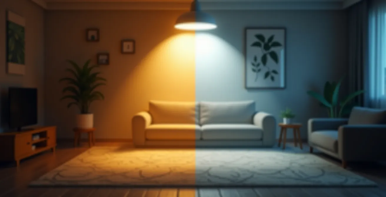 Comparaison visuelle entre éclairage direct éblouissant et éclairage indirect diffus