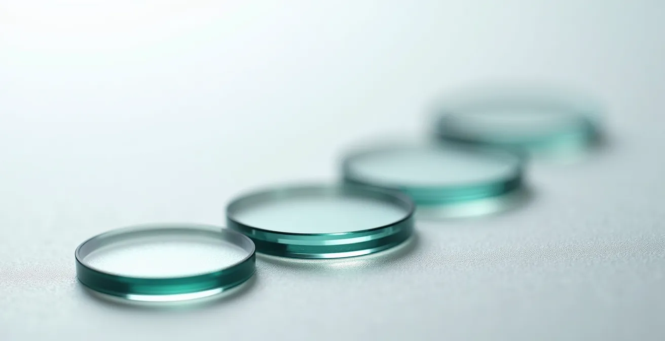 Profils comparés de verres optiques d'indices 1.5, 1.67 et 1.74 montrant la réduction d'épaisseur décroissante.