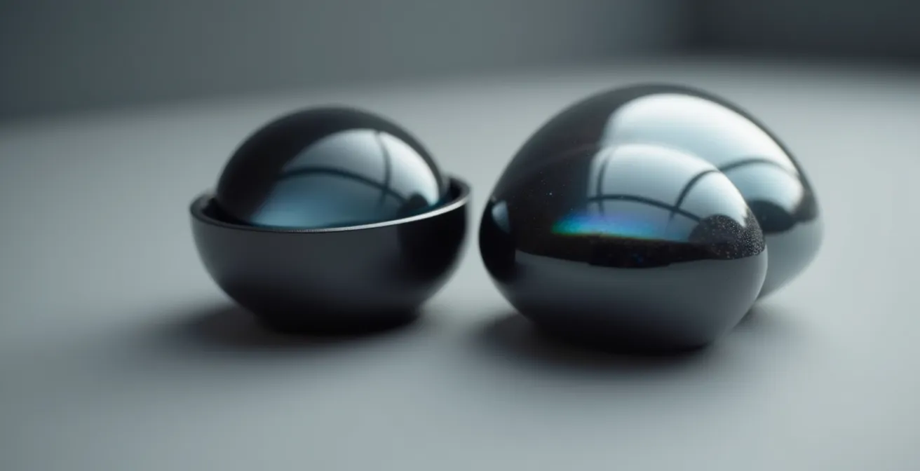 Vue rapprochée de deux verres correcteurs montrant la différence d'épaisseur entre forme ronde et rectangulaire