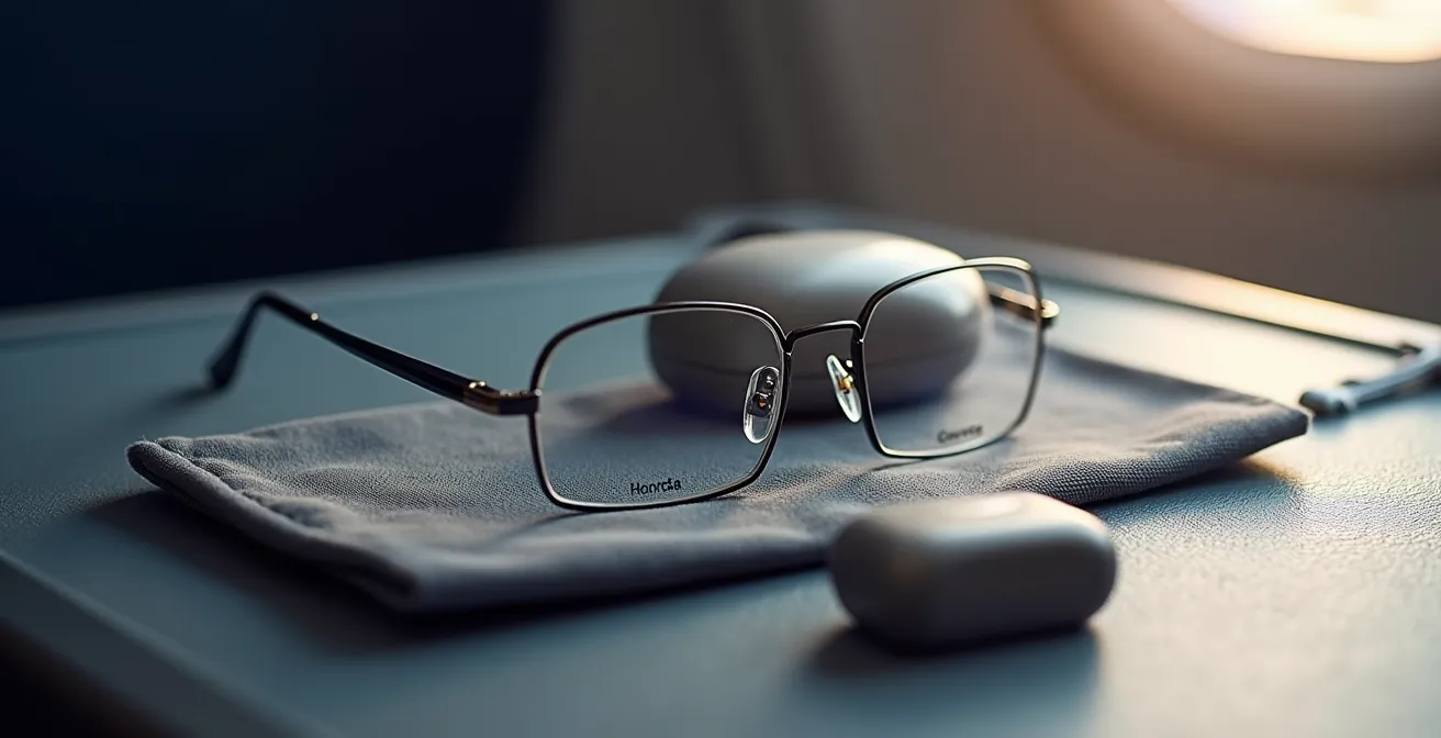 Gros plan sur des lunettes et un étui à lentilles posés sur une tablette d'avion avec une ambiance de cabine en arrière-plan