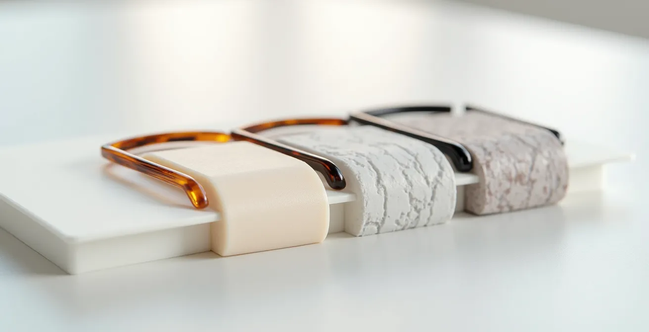 Vue macro comparative de trois matériaux de montures pour lunettes bébé montrant leurs textures différentes