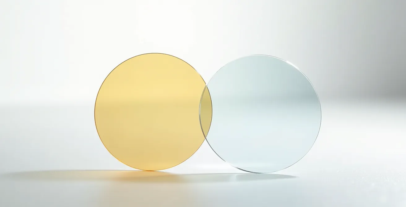 Vue comparative de verres en polycarbonate et MR8 montrant les différences de transparence et de résistance au jaunissement