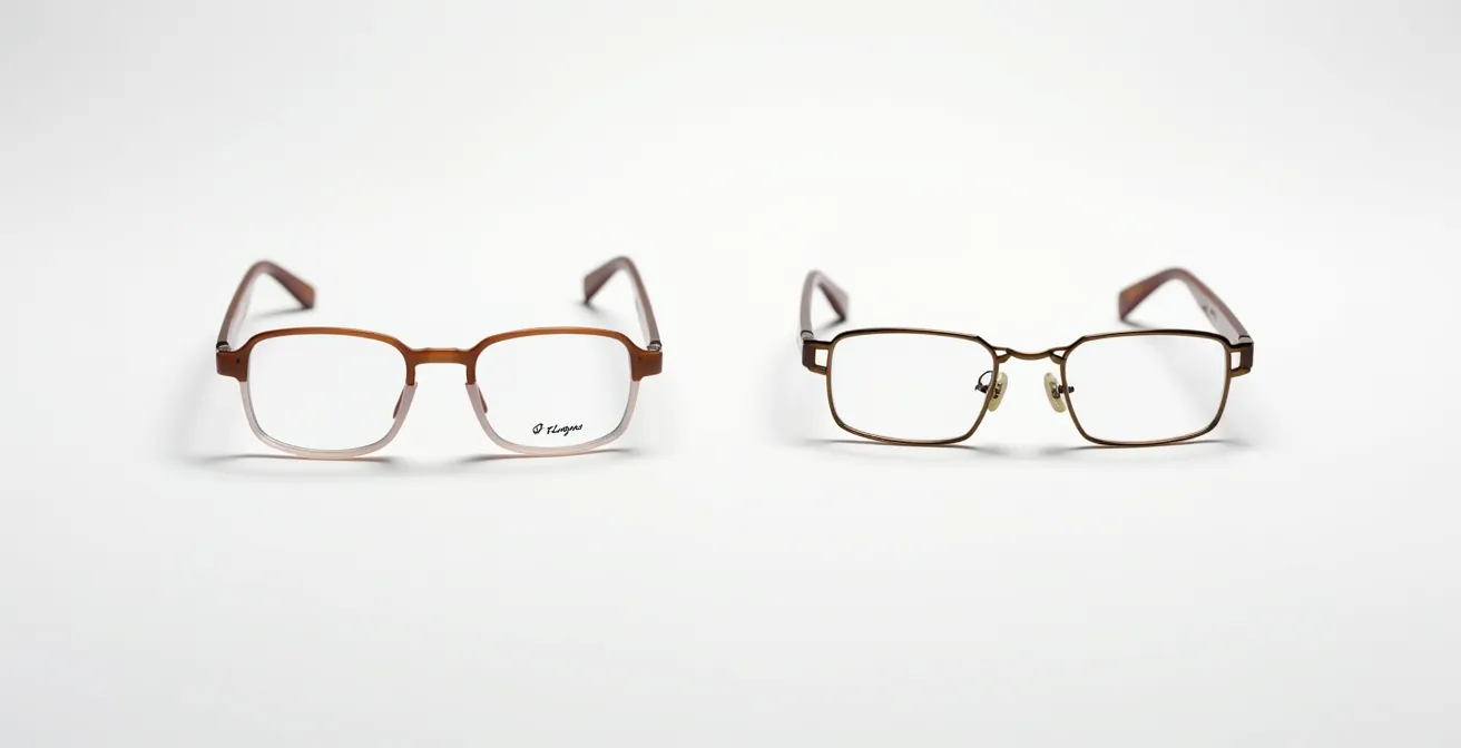 Vue comparative de deux montures de lunettes pour bébé montrant la différence de sécurité entre une monture rigide avec charnière et une monture flexible monobloc.