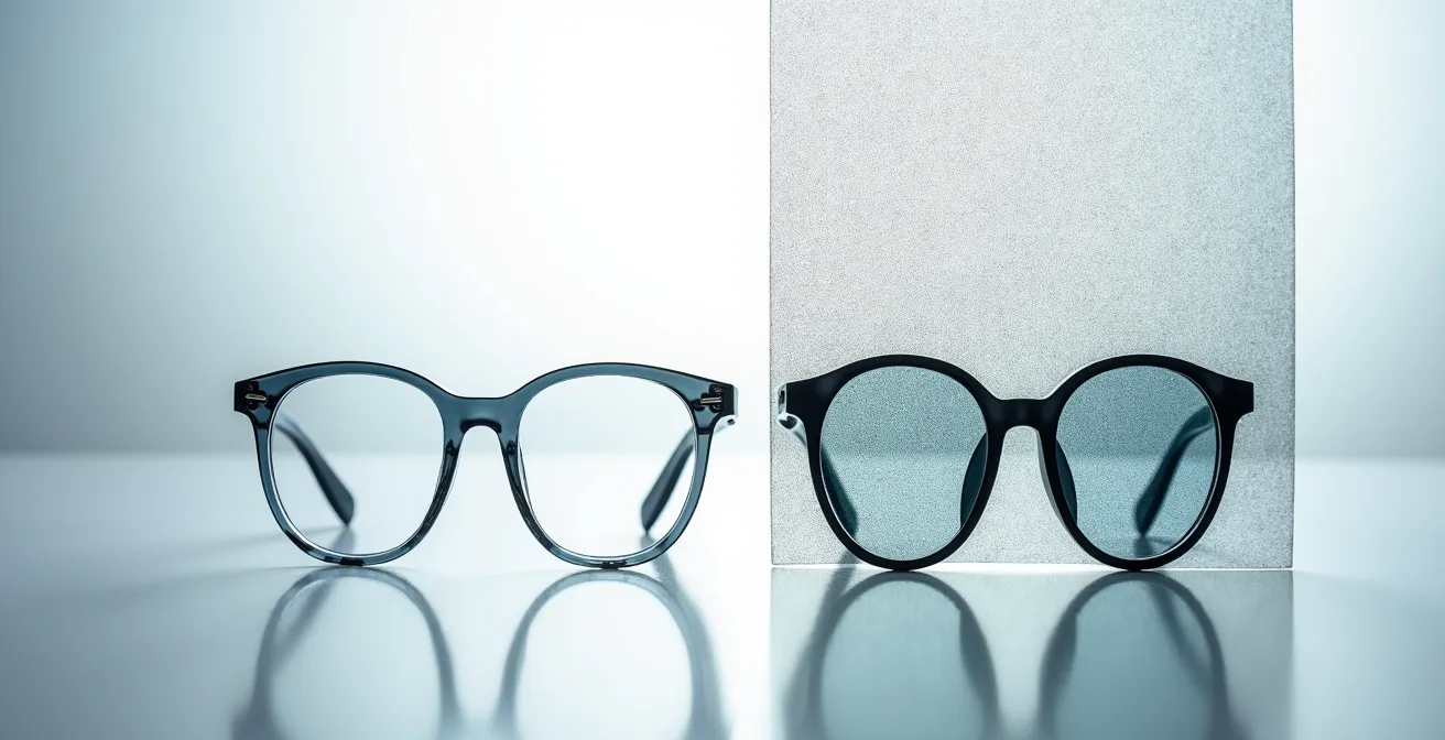 Lunettes anti-lumière bleue posées à côté d'un filtre d'écran dans un environnement de bureau