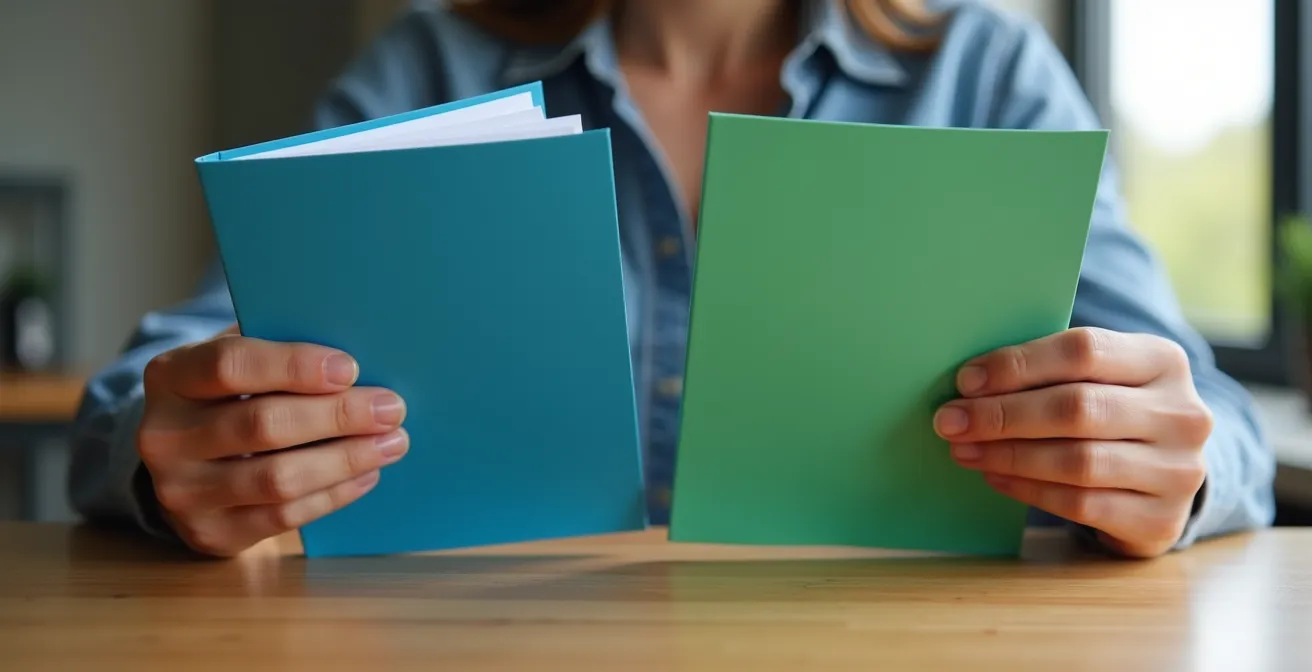 Mains tenant deux dossiers d'assurance différents sur un bureau en bois, suggérant un choix à faire entre deux garanties.
