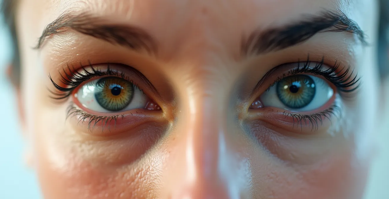 Comparaison visuelle entre une rougeur diffuse de conjonctivite et un cercle périkératique autour de l'iris