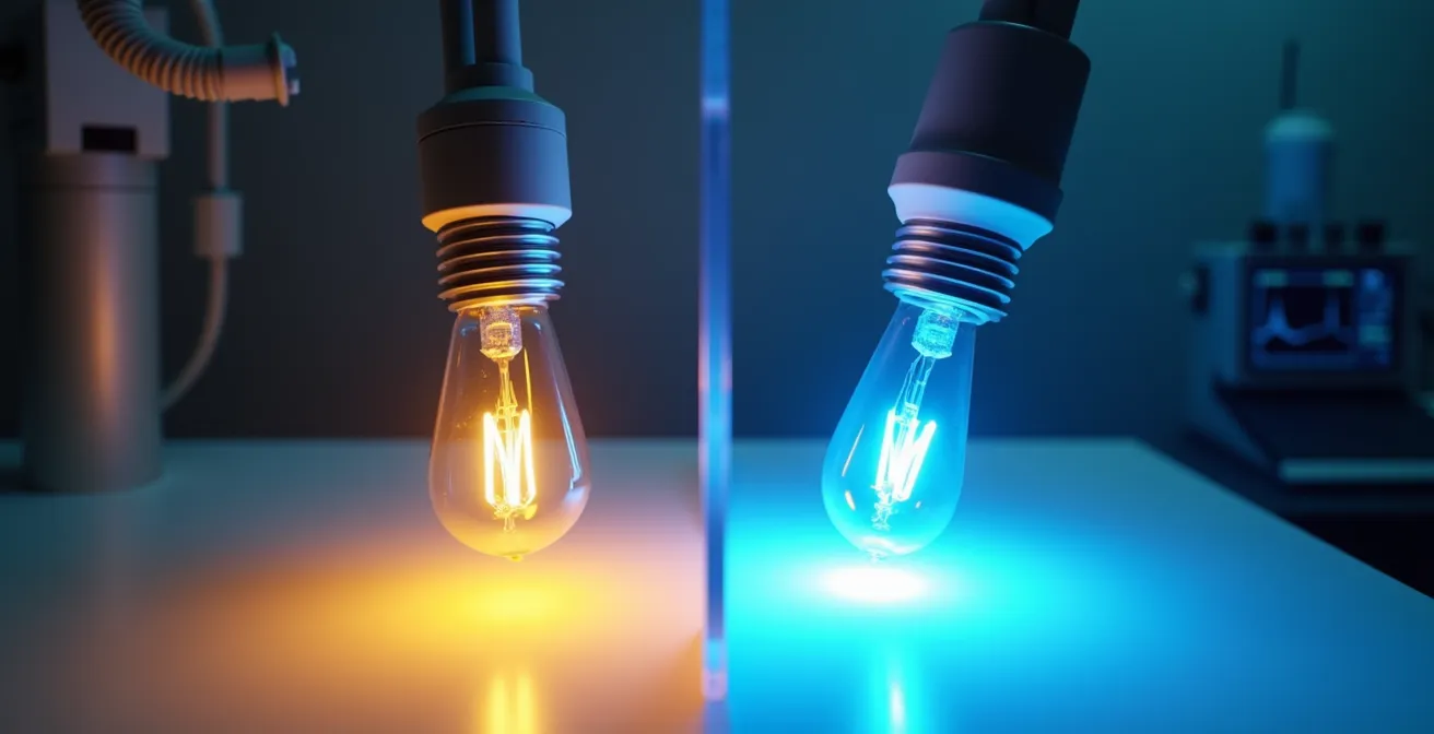 Graphique scientifique comparant les spectres lumineux d'un phare halogène et LED avec mise en évidence du pic bleu