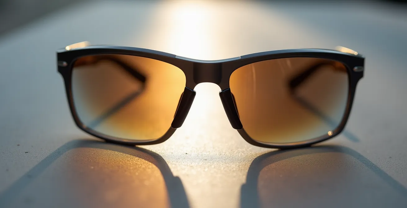 Comparaison visuelle de verres photochromiques en transition entre ombre et lumière