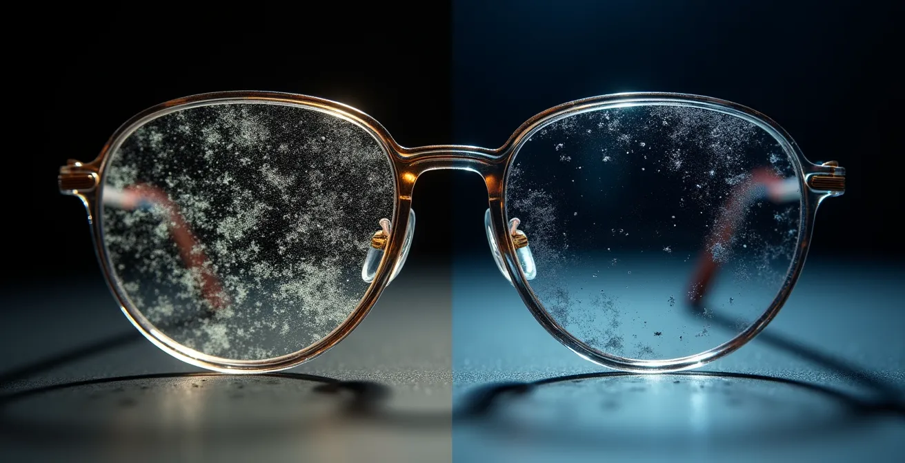 Vue comparative de deux verres de lunettes côte à côte montrant la différence entre un traitement intact et dégradé