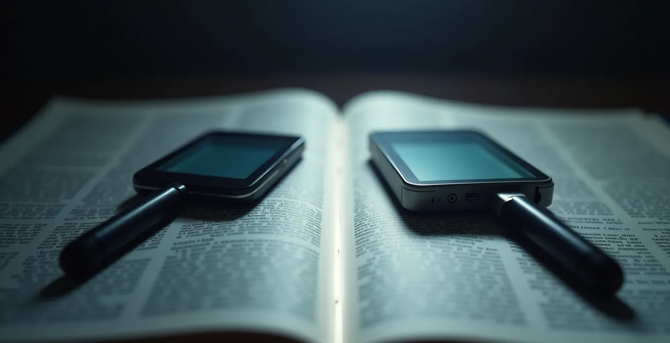 Comparaison visuelle entre une loupe électronique moderne avec écran haute définition et une loupe optique traditionnelle