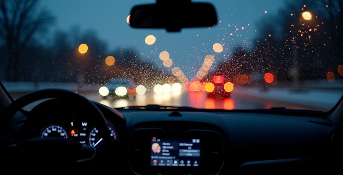 Vue depuis l'intérieur d'une voiture la nuit avec phares éblouissants