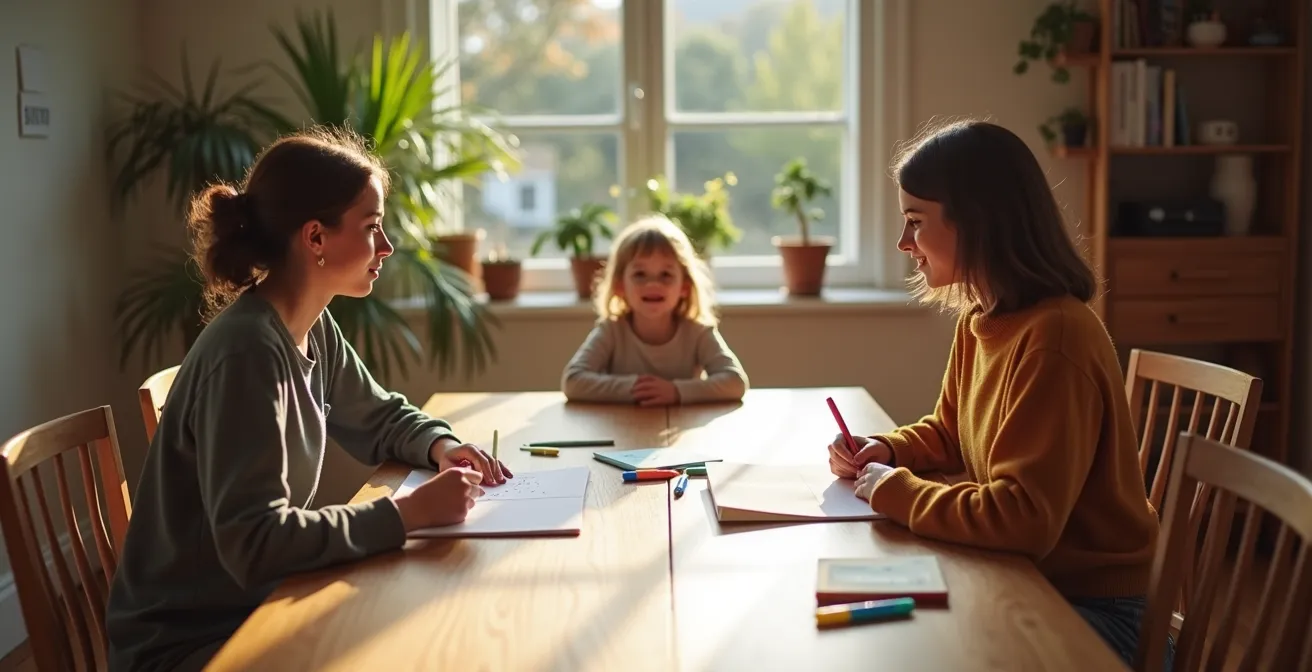 Famille discutant calmement autour d'une table avec un papier pour établir des règles de sommeil.