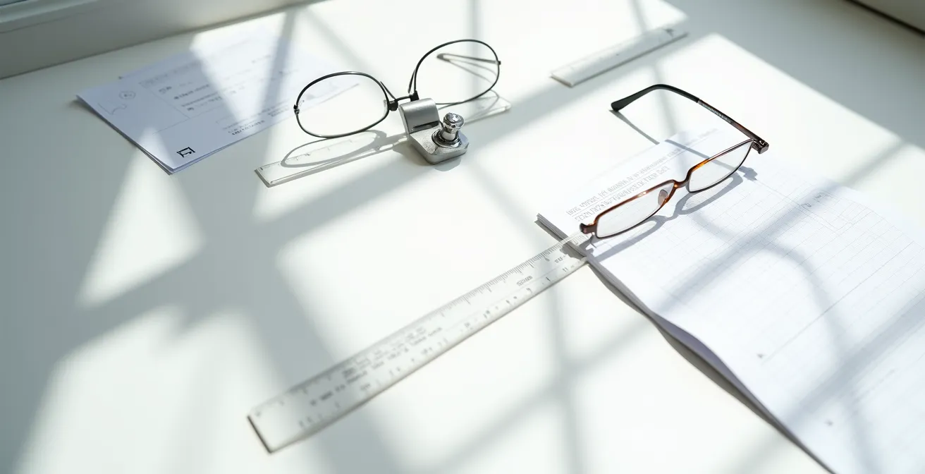Vue rapprochée d'un bureau d'opticien avec instruments de mesure optique