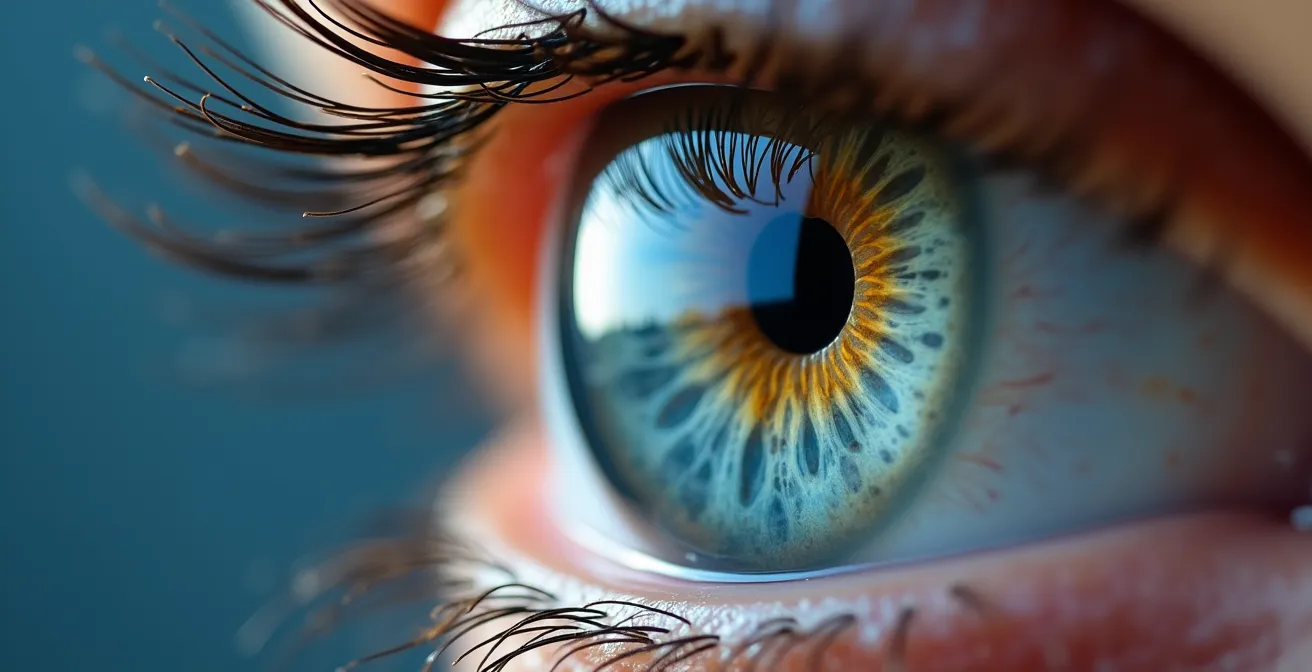 Gros plan macro d'un œil humain montrant la surface cornéenne naturelle avec reflets lumineux