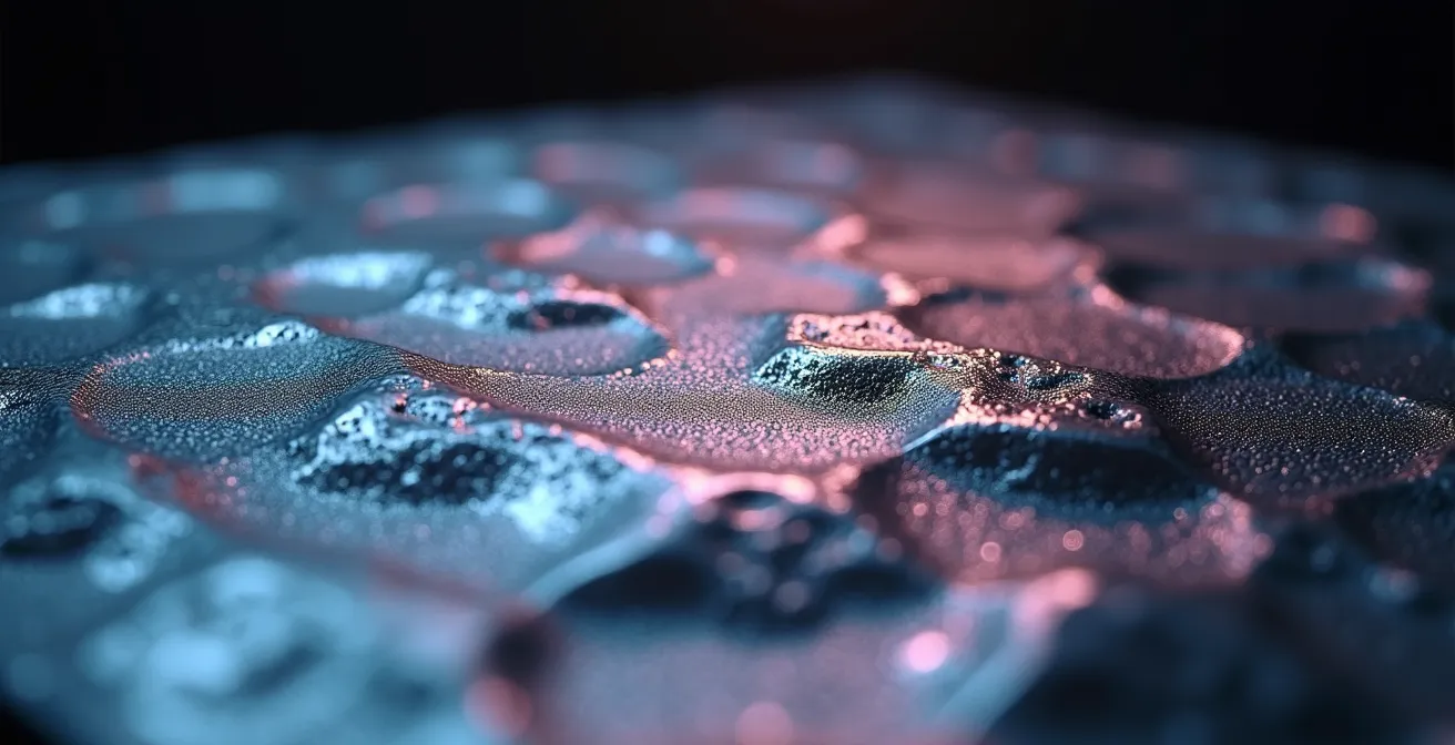 Vue microscopique de la surface du titane montrant la couche d'oxyde protectrice TiO2