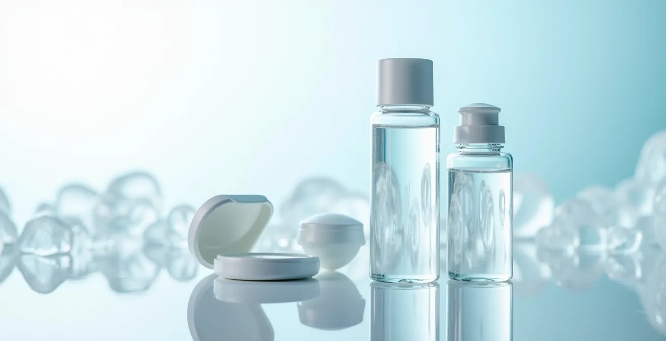 Nature morte montrant des flacons de solution d'entretien et des étuis à lentilles arrangés de manière artistique