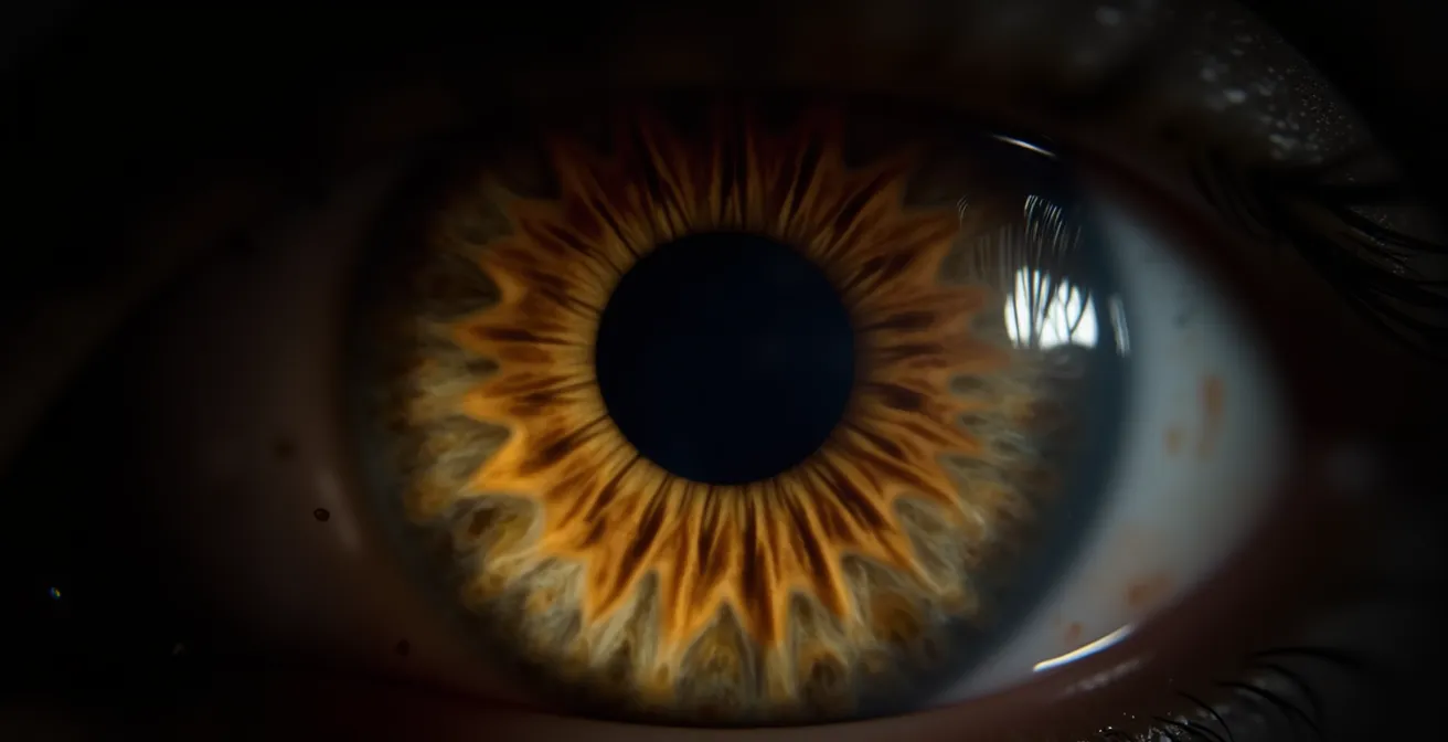 Vue macro d'un œil humain montrant le cristallin avec des zones d'opacification progressive