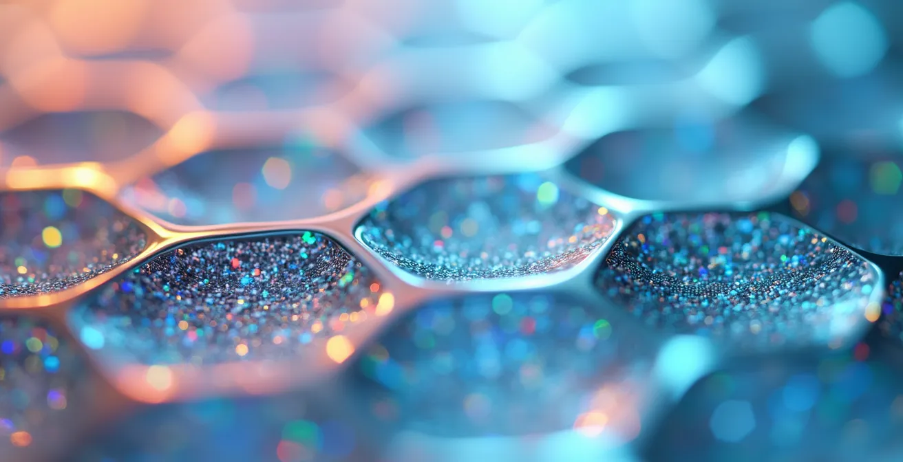 Vue macro abstraite de structures alvéolaires créant des jeux de lumière