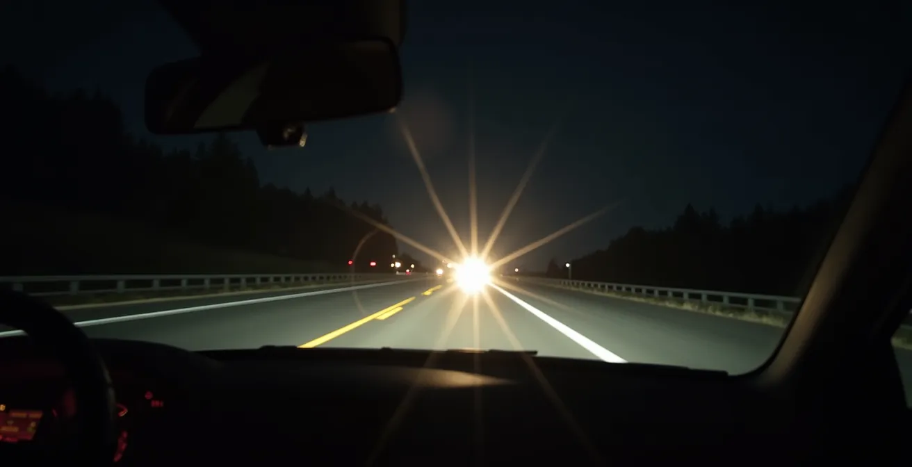 Vue subjective depuis l'habitacle d'une voiture la nuit montrant l'effet d'éblouissement et de halos lumineux autour des phares