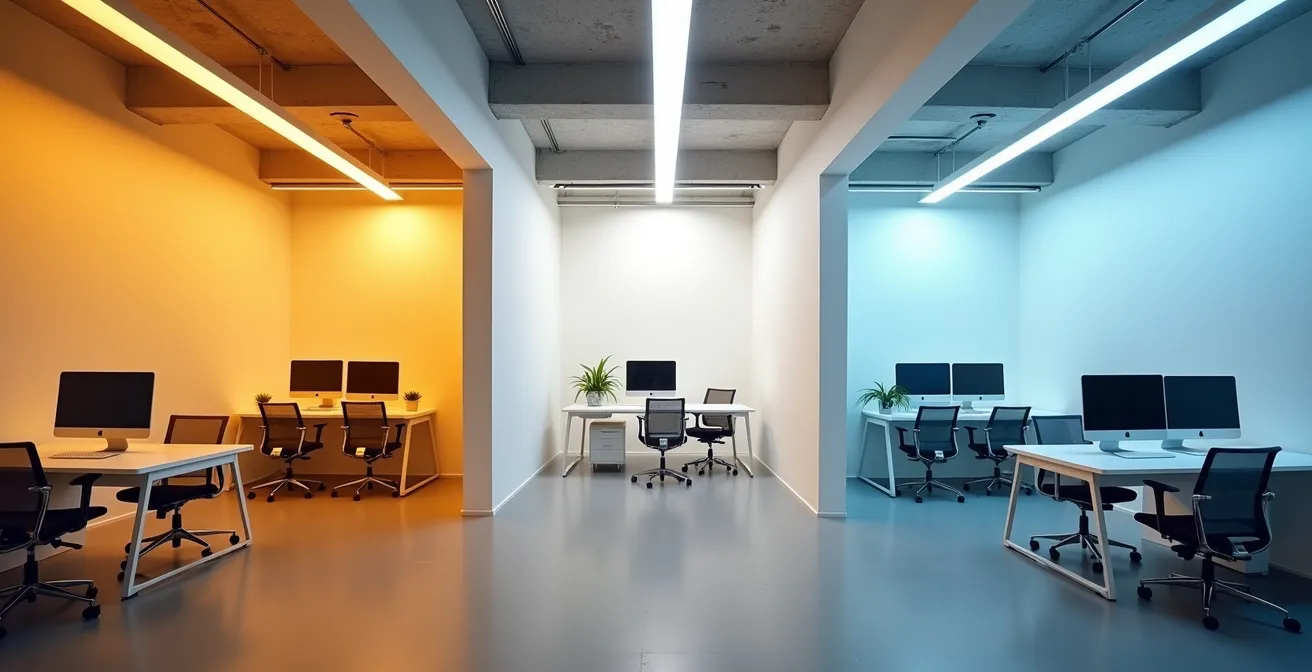 Comparaison visuelle de trois ambiances lumineuses dans un bureau moderne, montrant l'impact de la température de couleur.