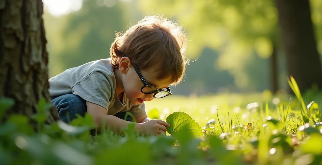 Enfant avec des lunettes observant attentivement les détails de la nature dans un parc verdoyant