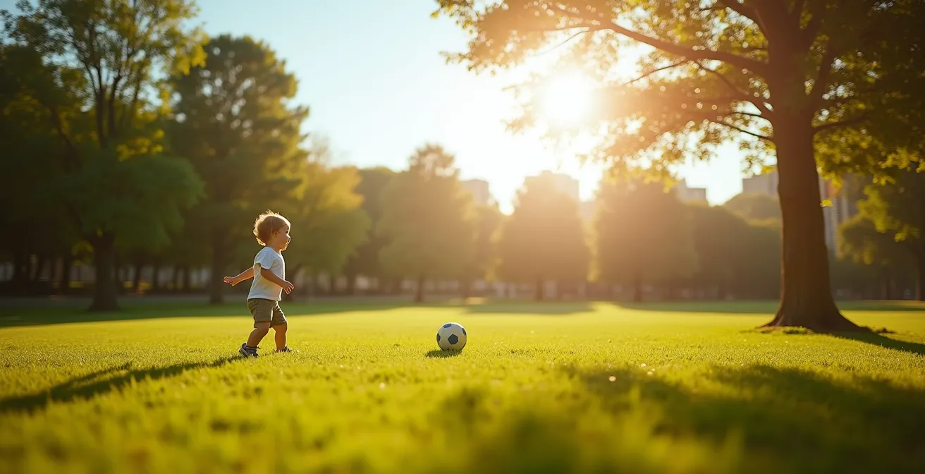 Enfant jouant dans un parc baigné de lumière naturelle