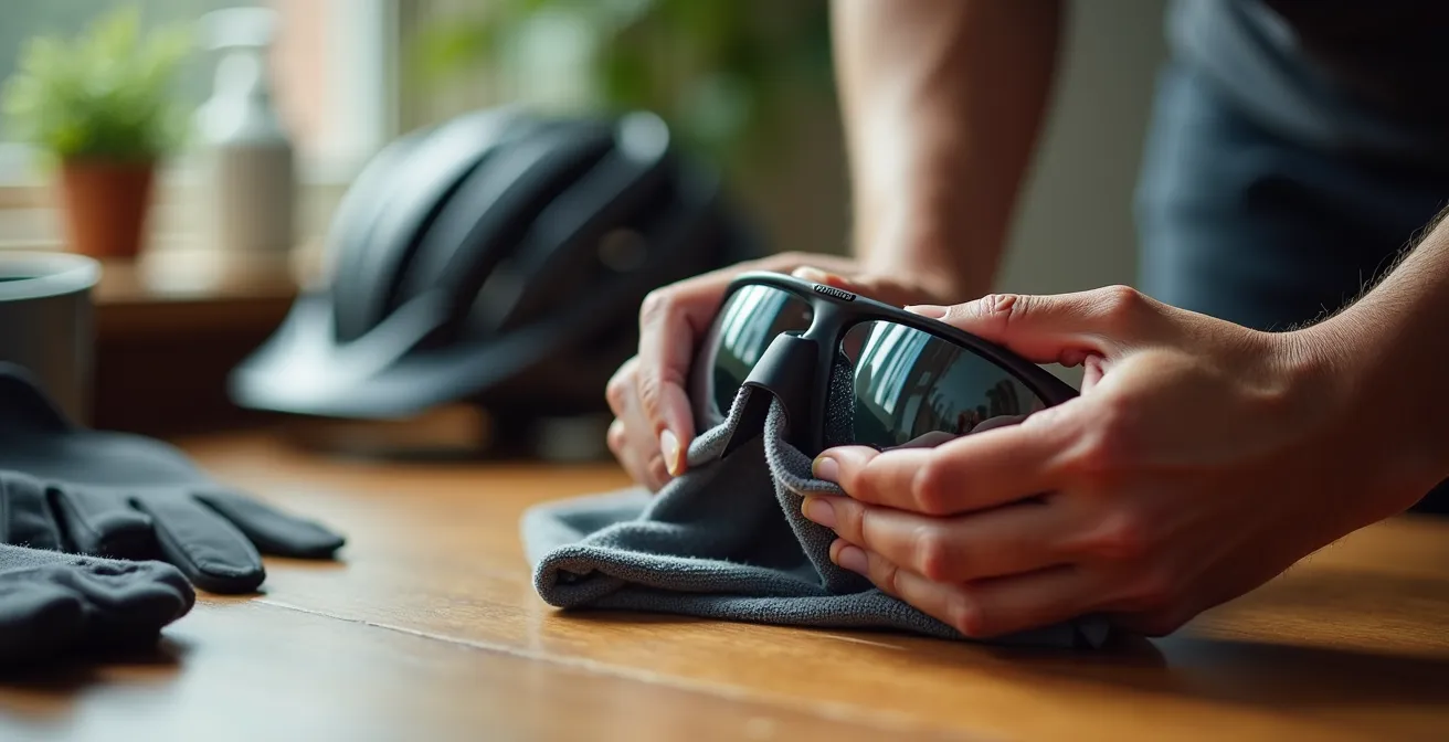 Technique correcte de nettoyage de lunettes de vélo avec microfibre