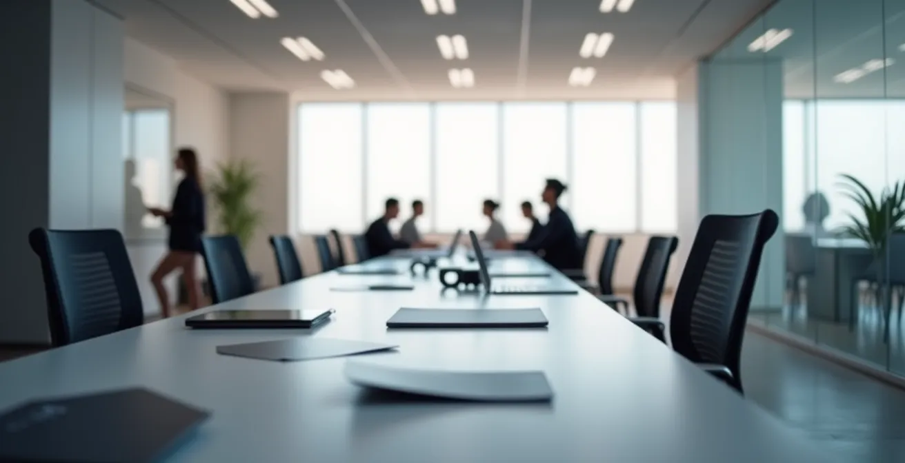 Espace de travail moderne montrant différentes zones de vision depuis le bureau jusqu'à la salle de réunion