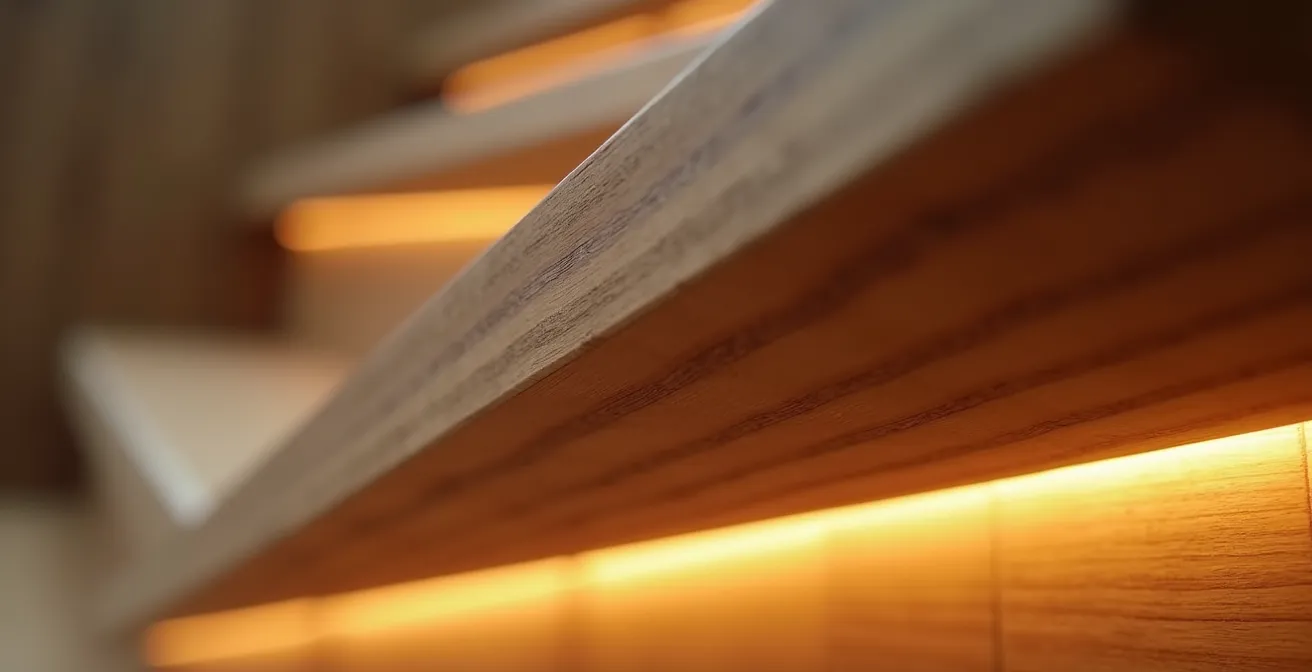 Escalier équipé d'un éclairage de sécurité avec nez de marche lumineux et rampe éclairée