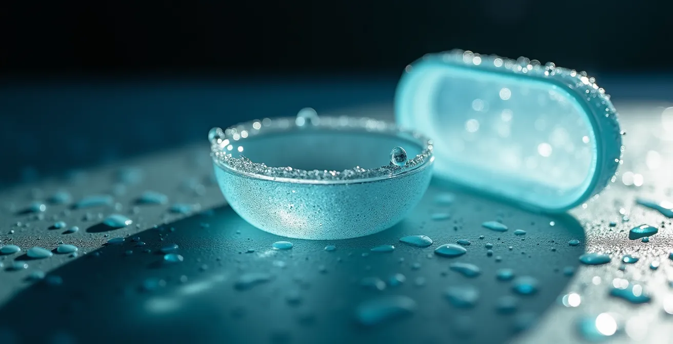 Représentation visuelle du biofilm invisible dans un étui à lentilles