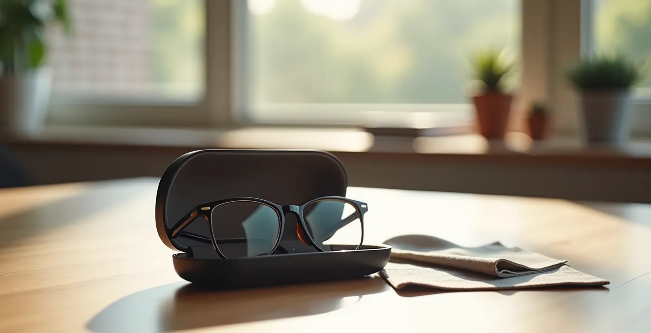 Étui à lunettes rigide ouvert sur un bureau épuré avec lunettes correctement rangées