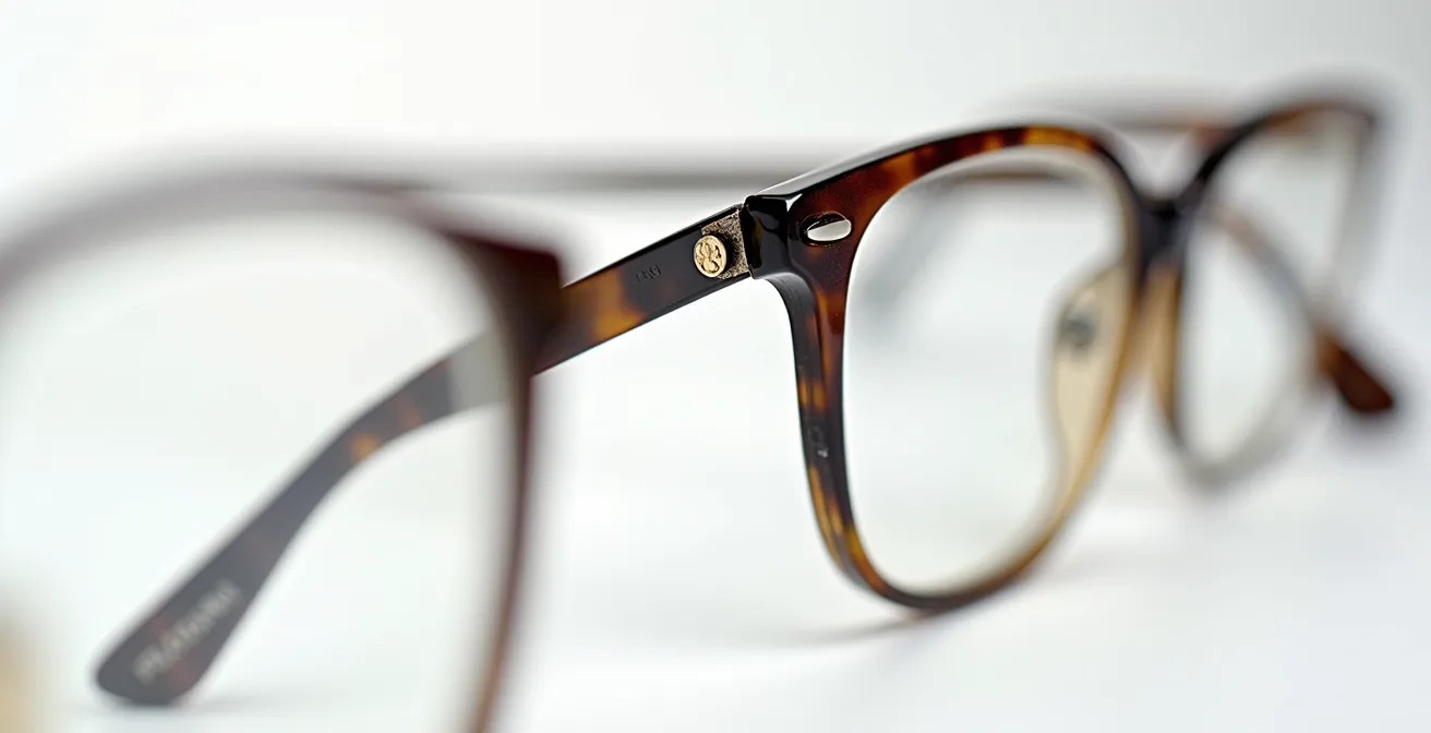 Gros plan macro sur des montures de lunettes montrant différents états d'usure et de réparabilité