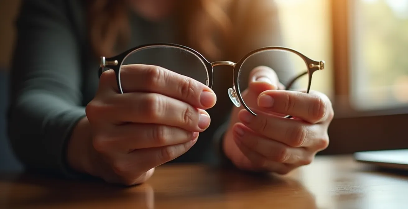 Main tenant délicatement des lunettes de lecture avec arrière-plan flou