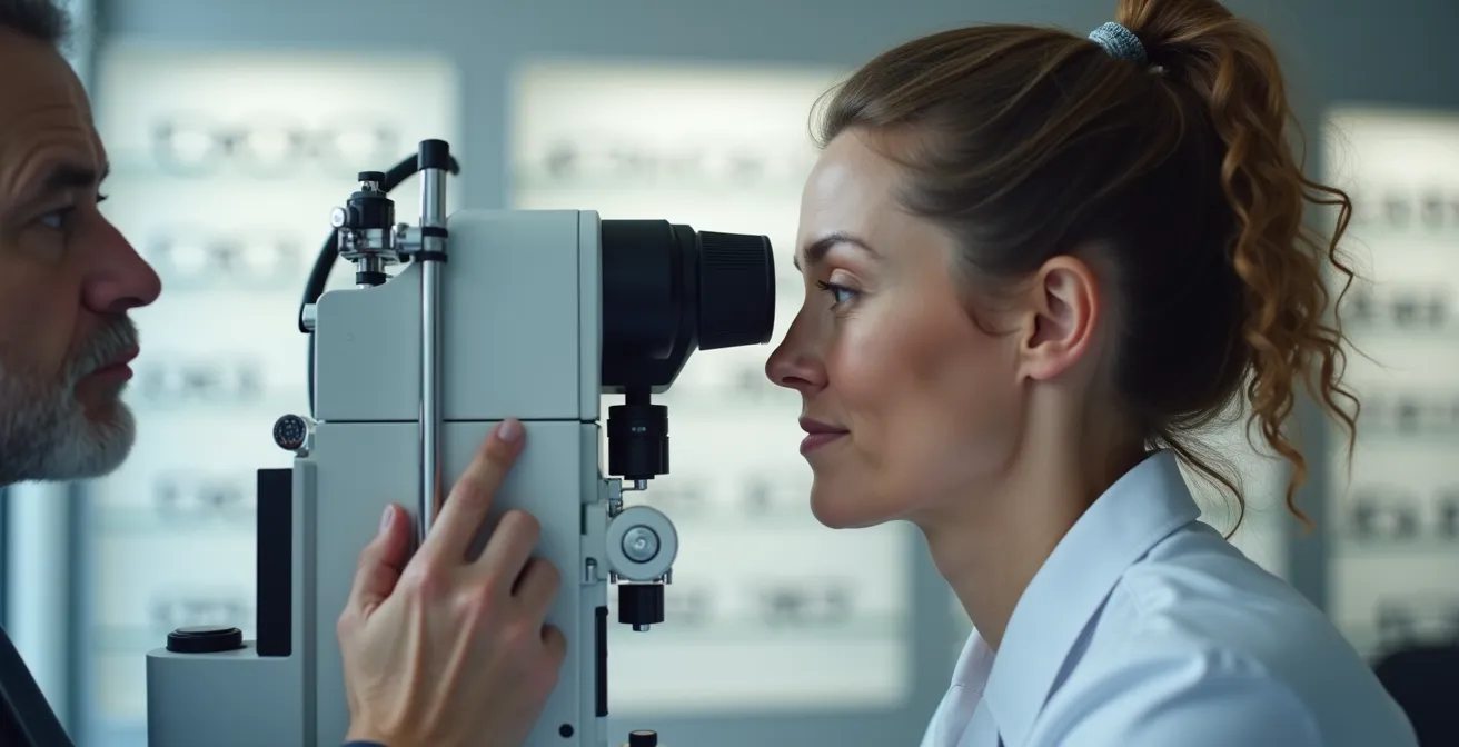 Patient regardant dans un autoréfractomètre pendant qu'un opticien ajuste l'appareil dans un magasin d'optique moderne