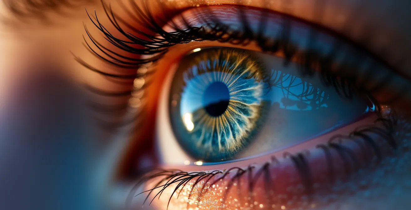 Gros plan extrême sur un œil montrant les signes de fatigue avec reflets d'écran