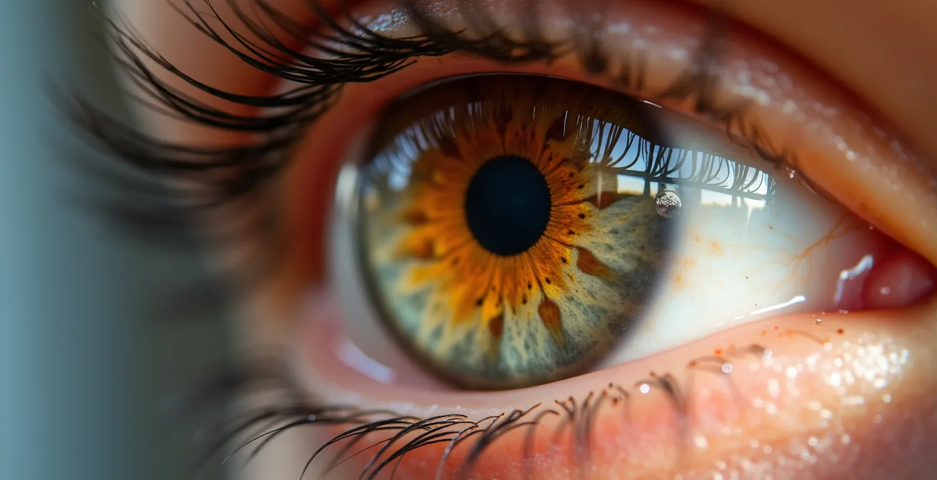 Vue macro d'un œil avec reflets de lumière sur le film lacrymal