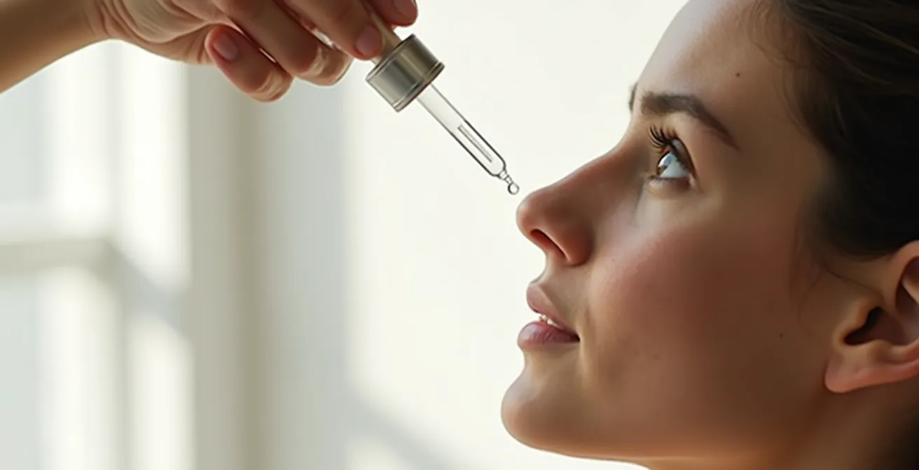 Main tenant un flacon de gouttes oculaires au-dessus d'un visage incliné, sans texte visible sur le flacon