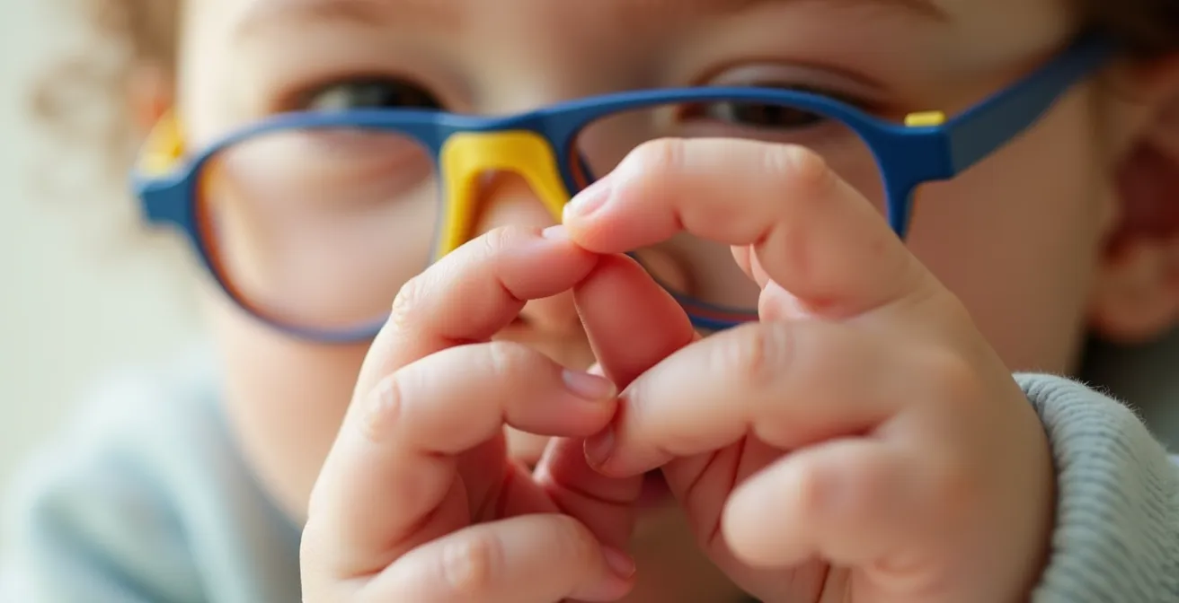 Gros plan sur une monture de lunettes flexible et colorée manipulée délicatement par de petites mains d'enfant